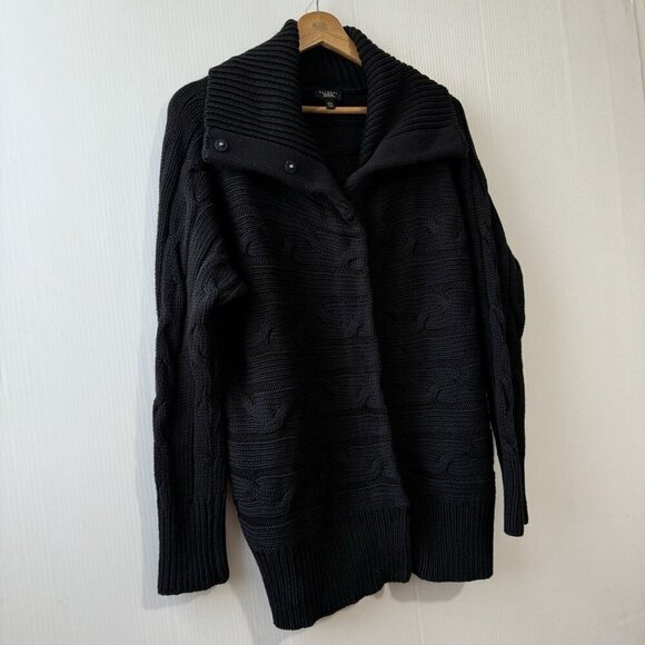 TALBOTS Woman Petite 2X Cable Knit Cowl Neck Sweater Snap Button Black Cotton - Picture 12 of 14